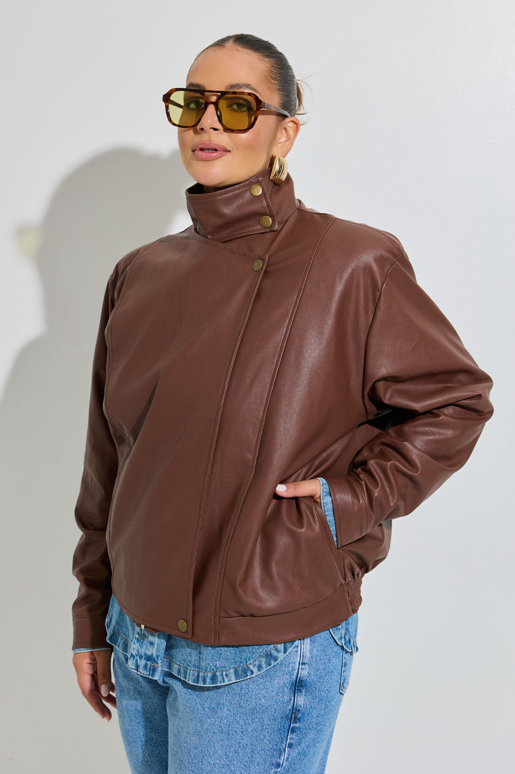 Jaqueta Madri Efeito Couro Marrom 787 Shirts