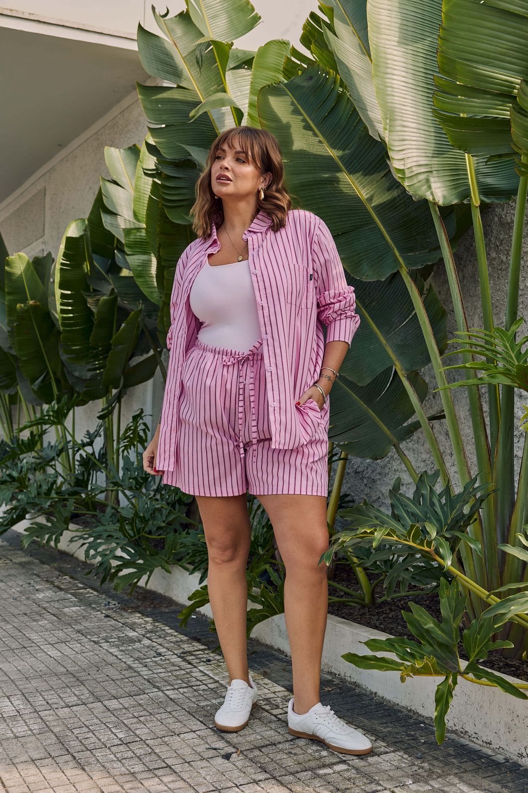 Shorts Sheron Tricoline Listrado Rosa