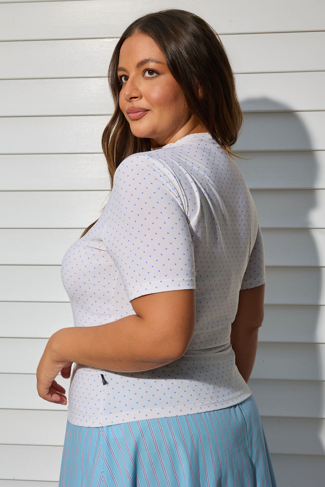 Blusa Manoela Manga Curta Poá Off e Azul Blusa Manoela Manga Curta Poá Off e Azul