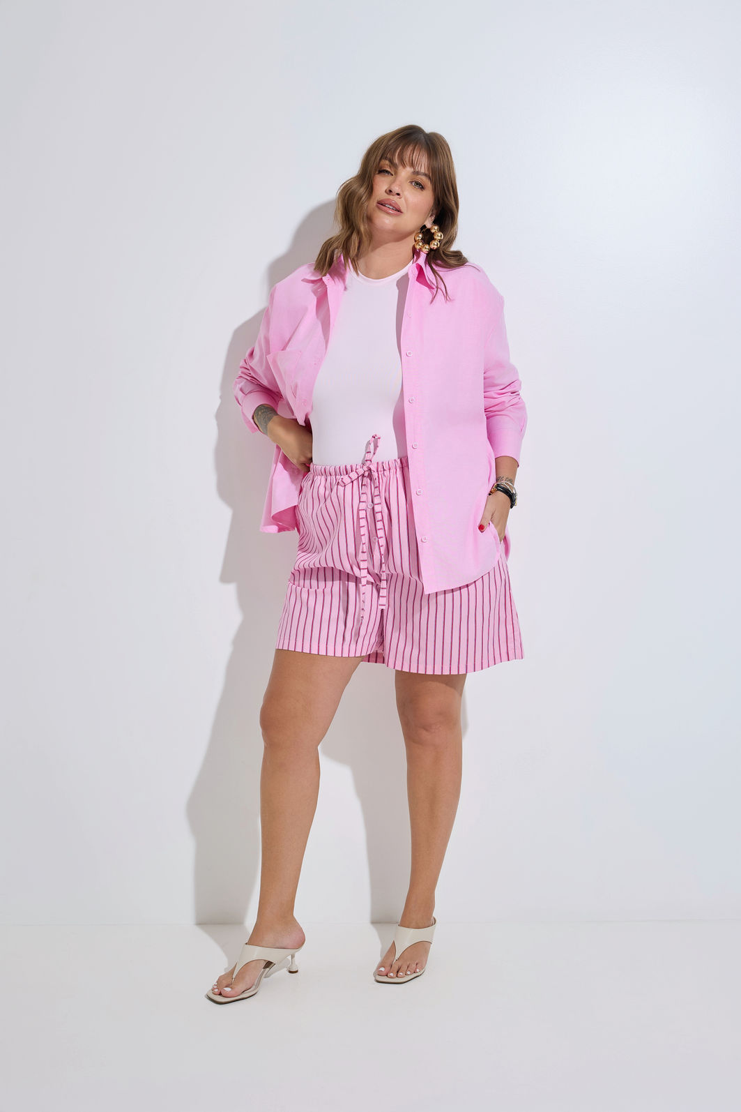 Shorts Sheron Tricoline Listrado Rosa