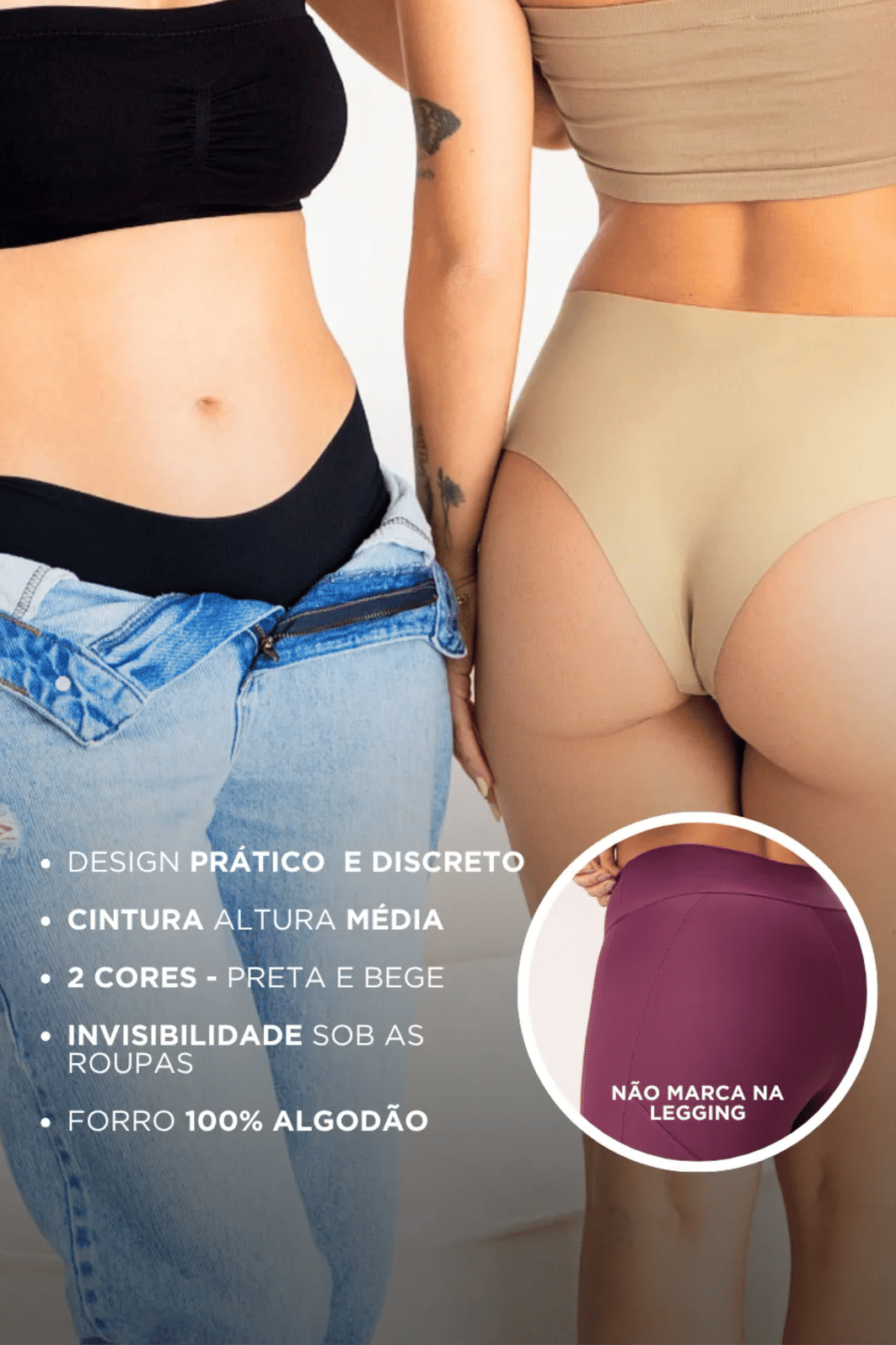 Kit 2 Calcinhas Tanga Alta Corte a Laser – Preto e Bege