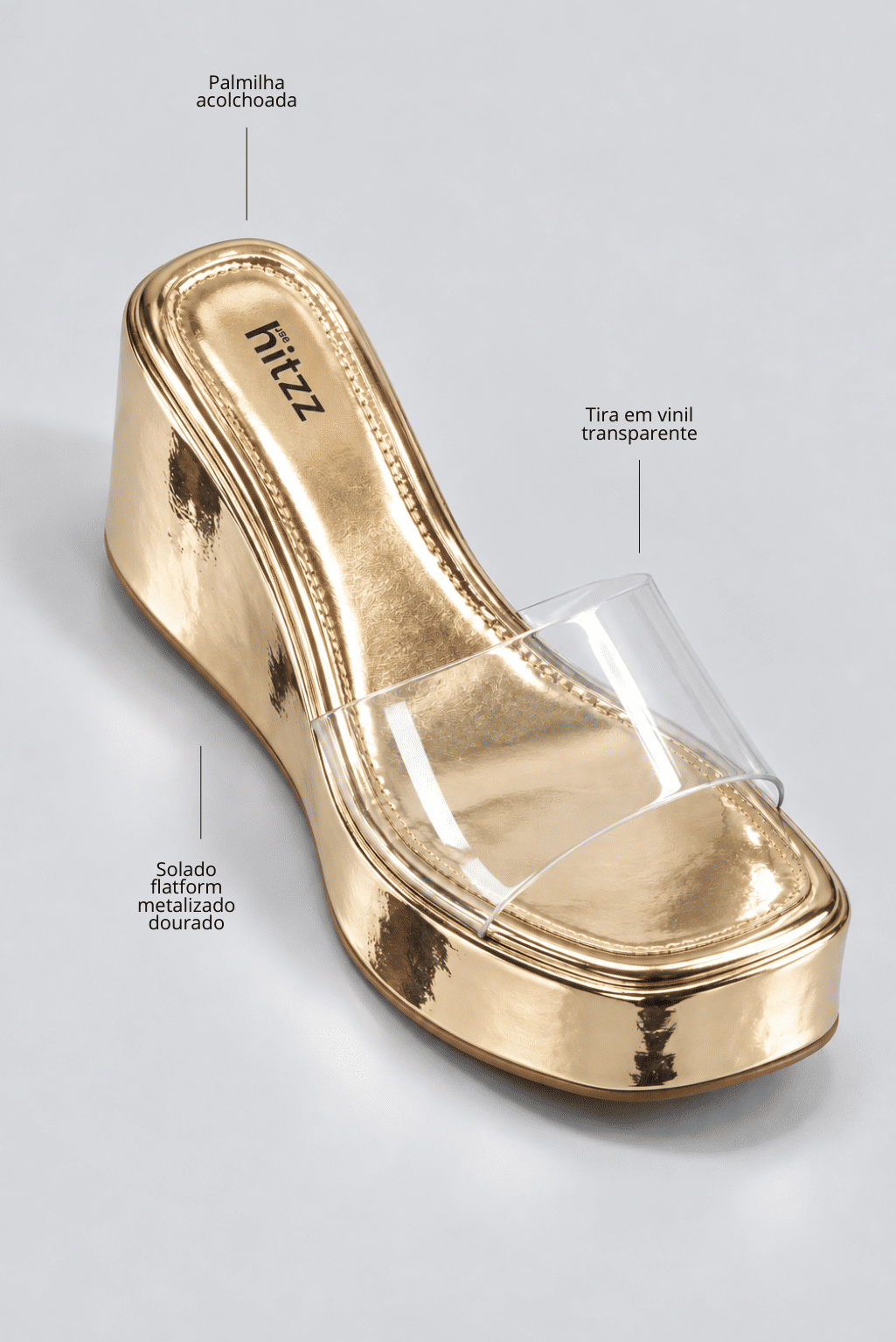 tamanco-flatform-feminino-tira-vinil-dourado-adele Infográfico do Adele - Tamanco Flatform Feminina Tira Vinil Dourado destacando a palmilha acolchoada, a tira em vinil transparente e o solado flatform metalizado