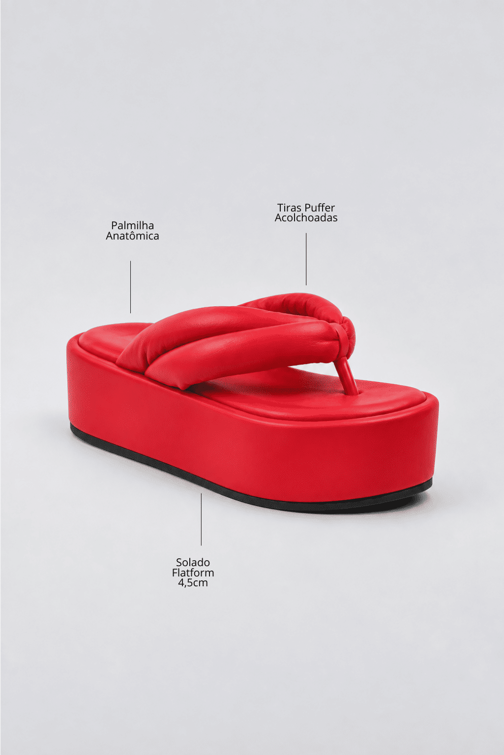 chinelo-flatform-tiras-puffer-vermelho-sakura Infográfico do Chinelo Flatform Tiras Puffer Vermelho - Sakura destacando palmilha anatômica, tiras puffer acolchoadas e solado flatform de 4,5cm