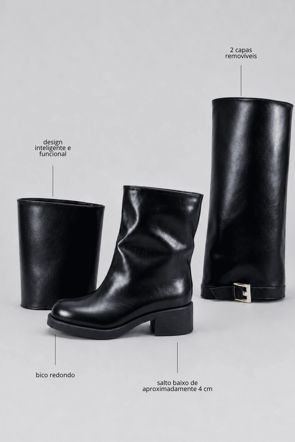 amelie-bota-feminina-3-em-1-preta Bota Feminina 3 em 1 Amelie preta com canos removíveis, salto baixo bloco e detalhe de fivela dourada
