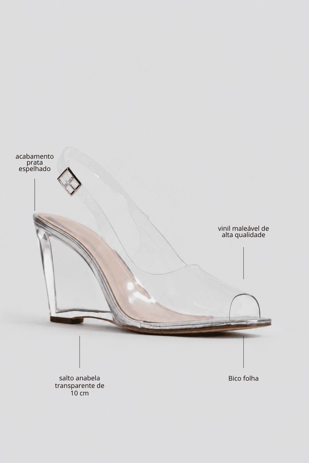 scarpin-anabela-feminina-vinil-prata-storm Infográfico do Scarpin Anabela Feminina Vinil Prata - Storm destacando acabamento prata espelhado, vinil maleável de alta qualidade, salto anabela transparente de 10 cm e bico folha