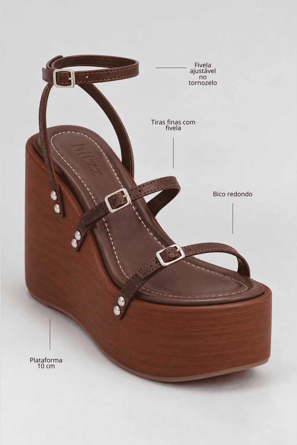 sandalia-plataforma-feminina-tiras-camel-bronx Infográfico da Sandália Plataforma Feminina Tiras Camel Bronx destacando a fivela ajustável no tornozelo, as tiras finas, o bico redondo e a plataforma de 10 cm