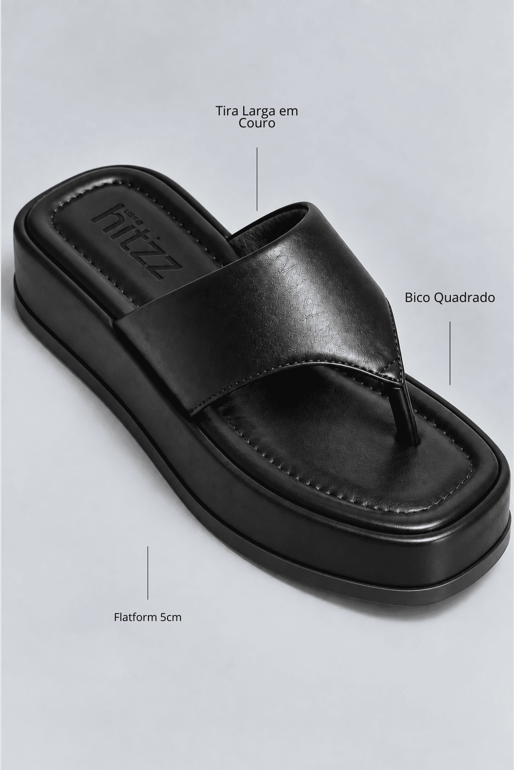 chinelo-flatform-couro-feminino-preto-buzios Infográfico do chinelo flatform preto destacando tira larga em couro, bico quadrado e flatform de 5cm.