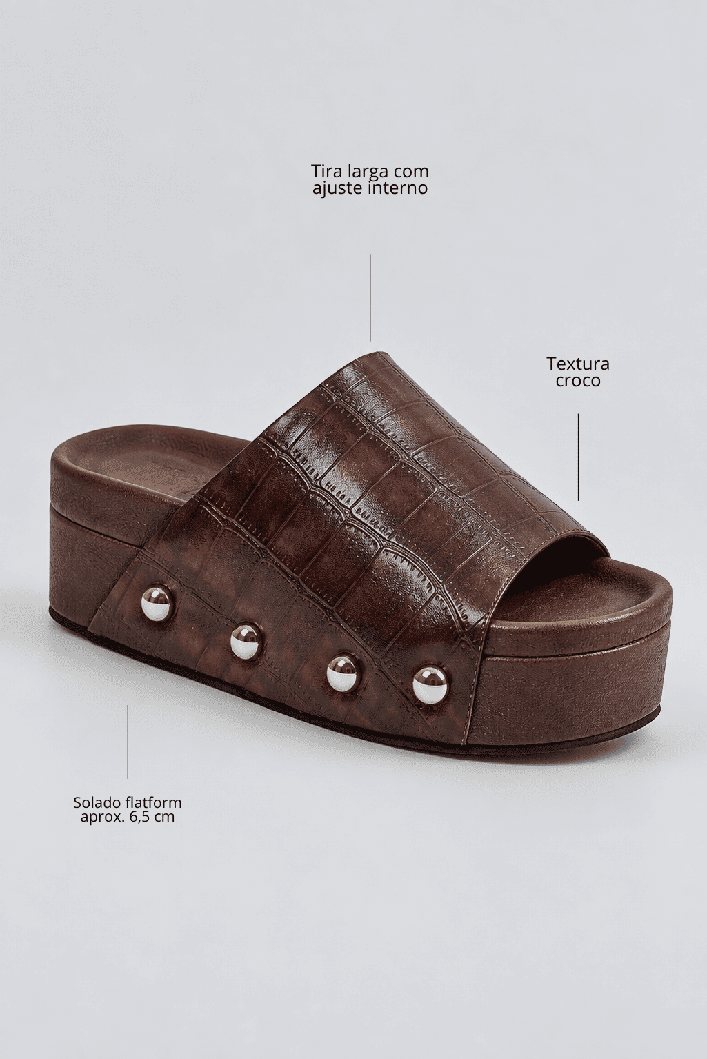 tamanco-feminino-flatform-croco-marrom-lara Detalhes do tamanco feminino flatform croco marrom Lara com tachas douradas