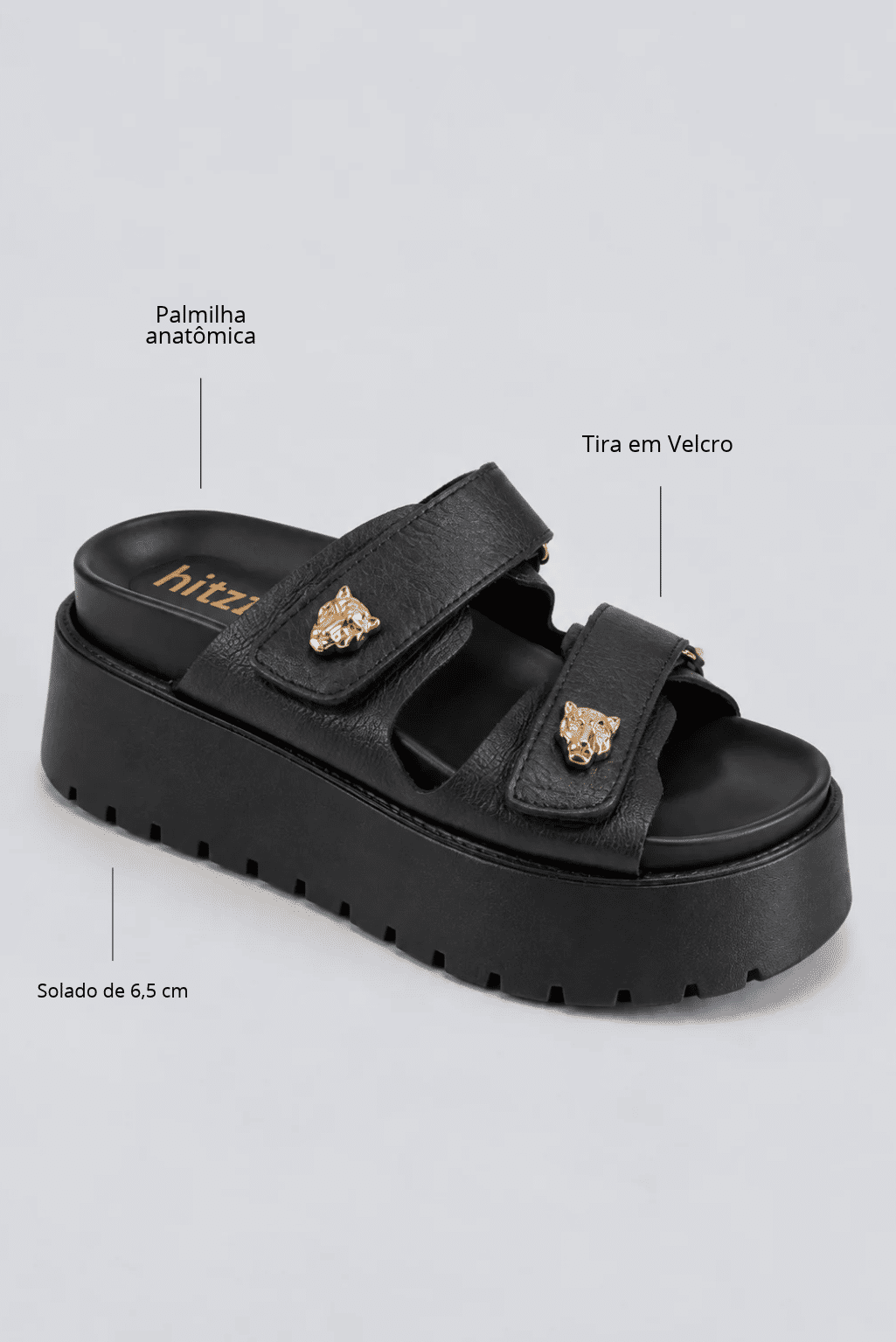 tiger-papete-feminina-tira-velcro-preta Papete Feminina Plataforma Couro Tiger Preta vista 45 graus
