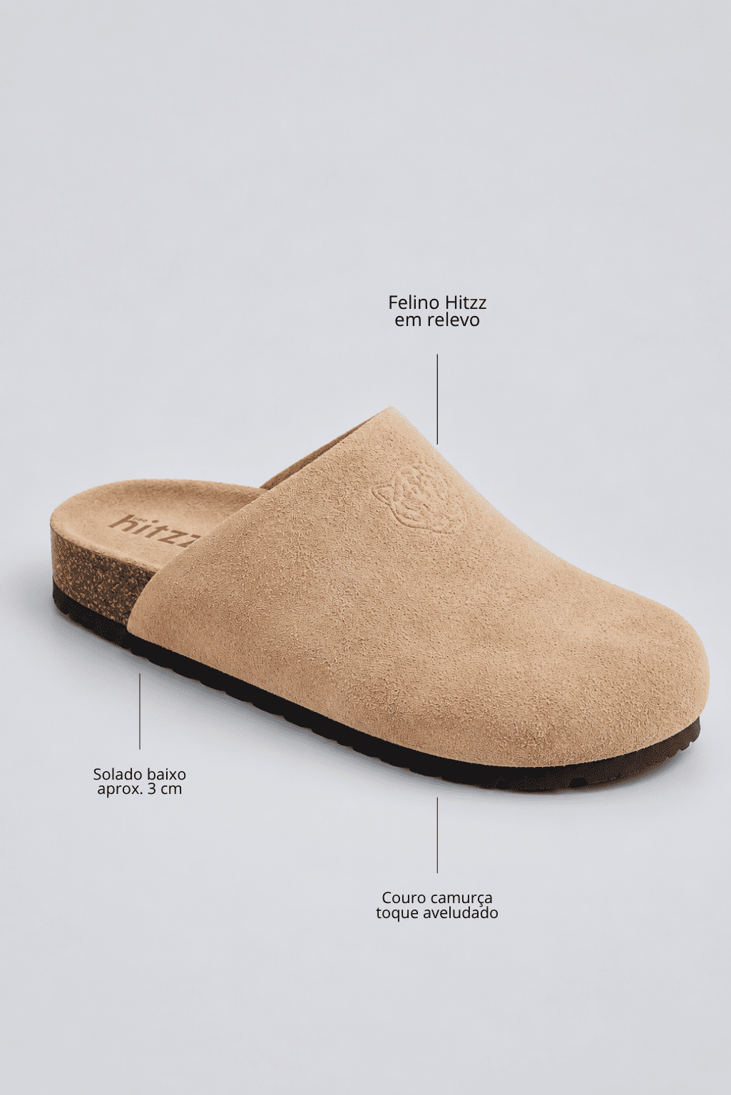 clog-feminino-anatomico-couro-camurca-bege-lina Detalhes do clog feminino anatômico couro camurça bege Lina com solado de cortiça