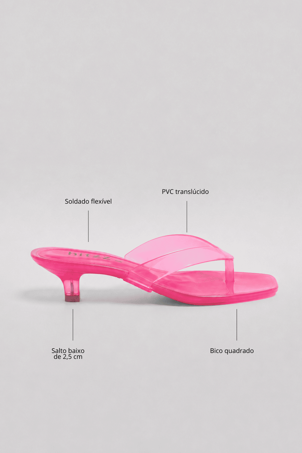 gummy-tamanco-feminino-translucido-rosa Tamanco Feminino Flip Flop Gummy rosa em PVC translúcido, vista lateral destacando as tiras e o salto baixo