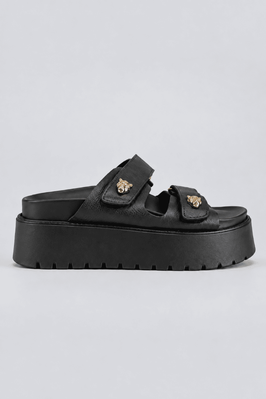 tiger-papete-feminina-tira-velcro-preta Papete Feminina Plataforma Couro Tiger Preta vista lateral