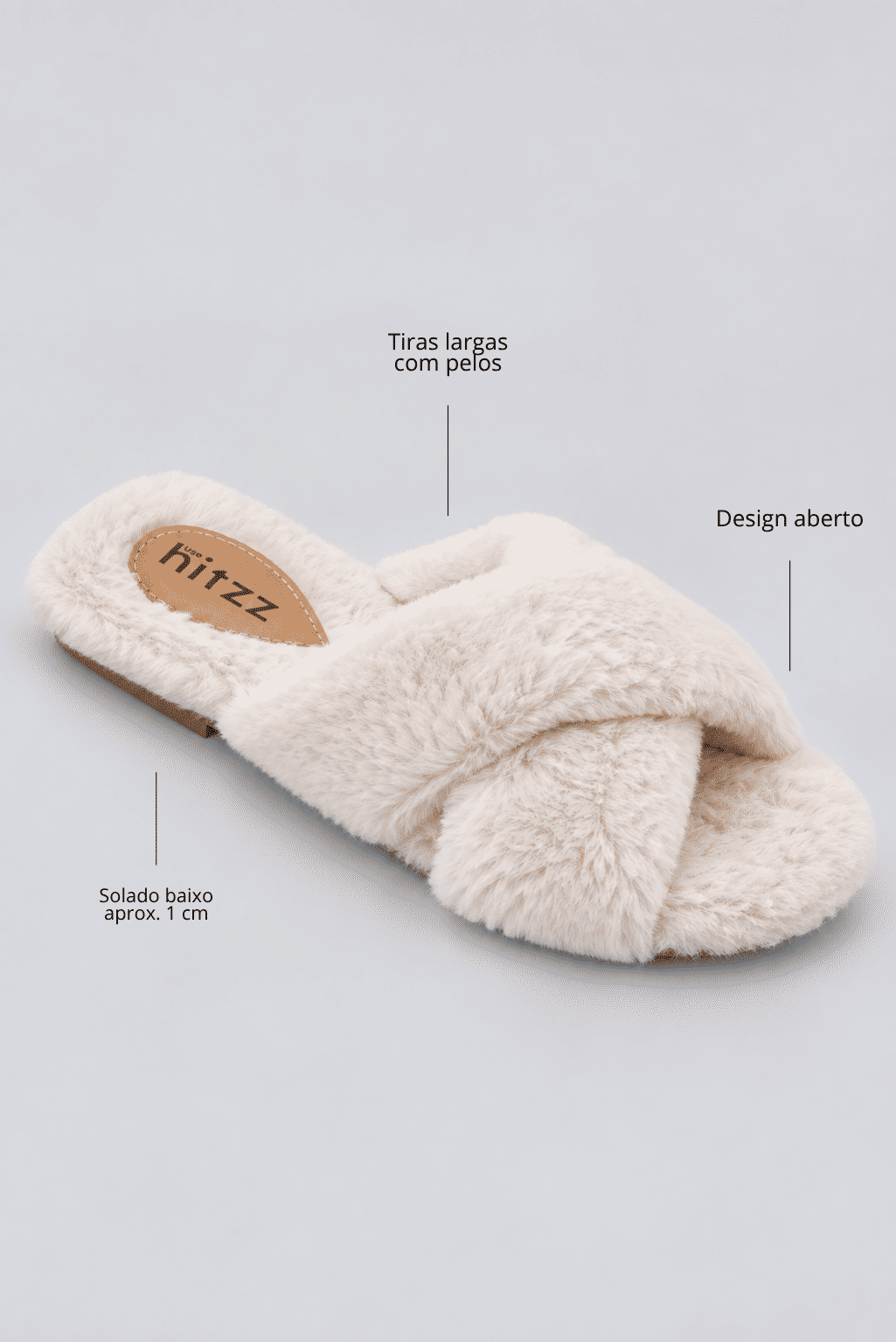 rasteira-feminina-pelos-off-white-ayla Detalhes da rasteira feminina de pelos off white Ayla com tiras cruzadas felpudas