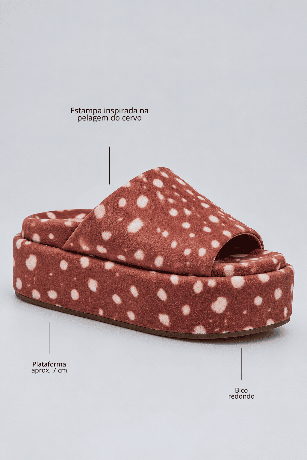 Detalhes do tamanco feminino plataforma estampa bambi camel Fifi