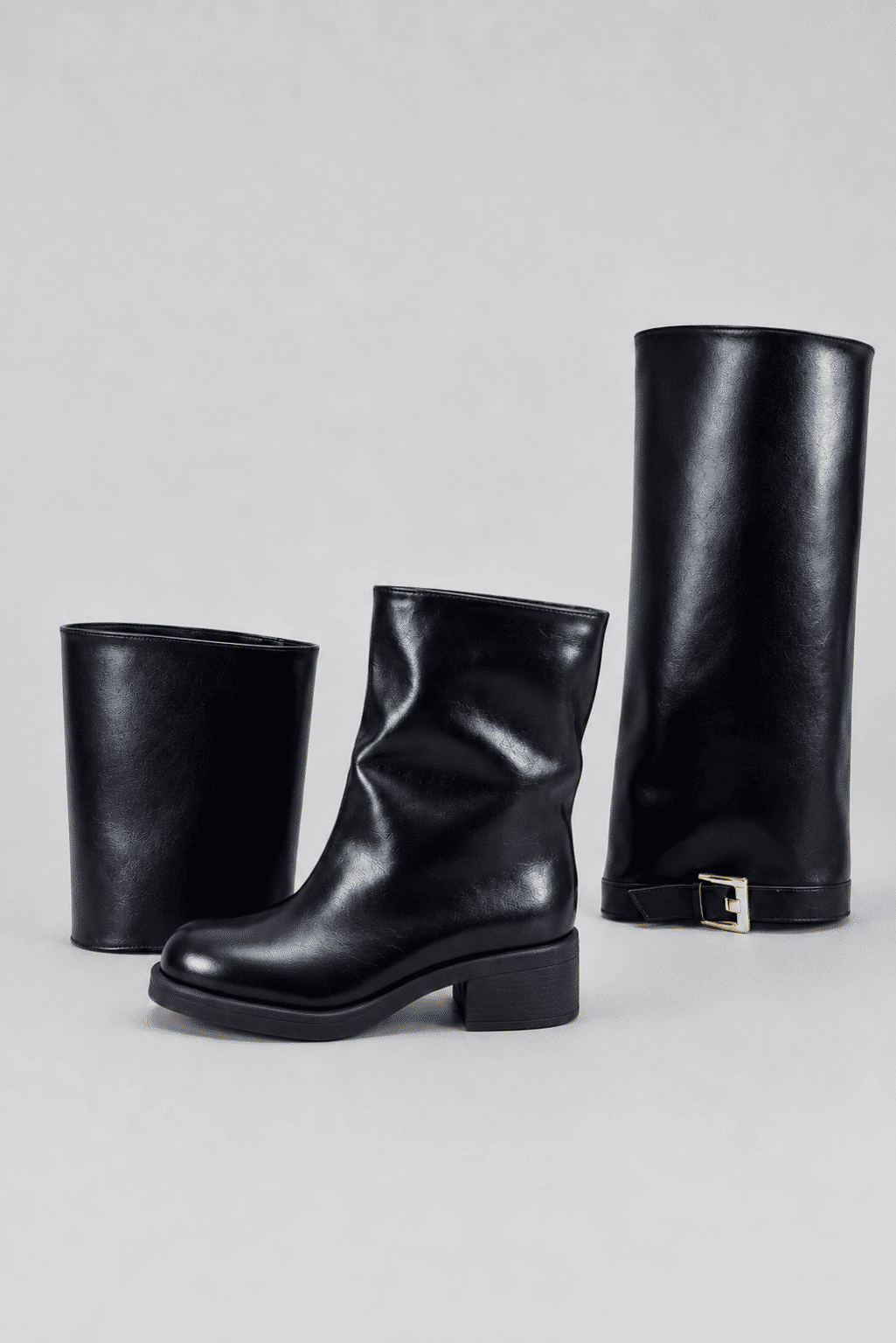 amelie-bota-feminina-3-em-1-preta Bota Feminina 3 em 1 Amelie preta com salto baixo bloco, fivela dourada e extensões de cano removíveis