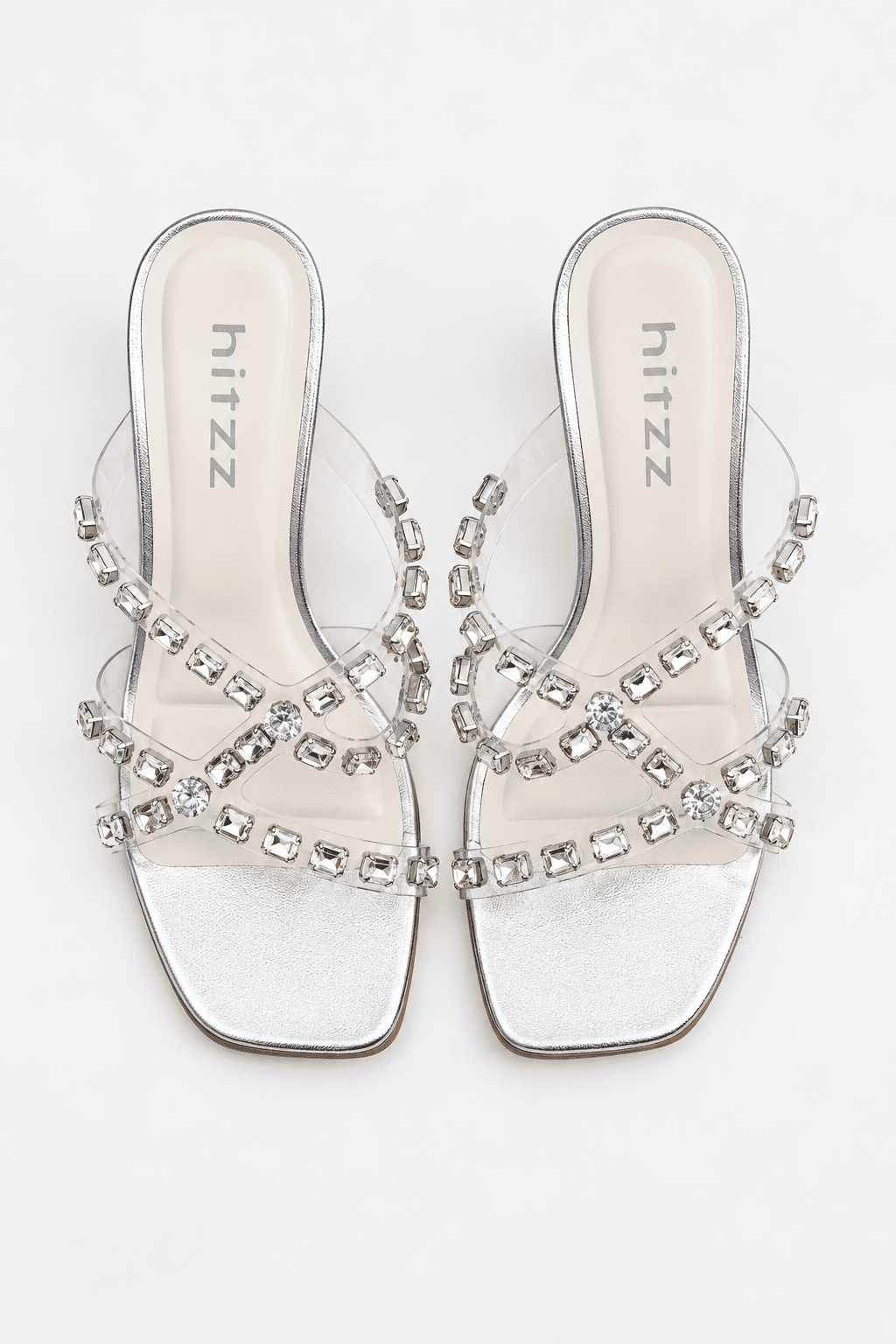 kira-tamanco-feminino-pedraria-prata Tamanco Feminino Kira Prata vista superior detalhe das pedrarias