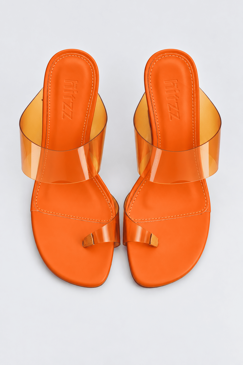 nic-tamanco-feminino-salto-acrilico-laranja Tamanco Feminino Nic Laranja vista superior detalhe das tiras