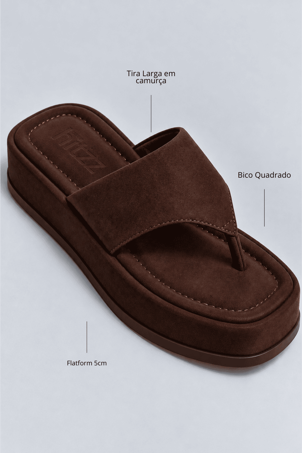 chinelo-flatform-feminino-camurca-marrom-buzios Chinelo flatform feminino camurça marrom Búzios - infográfico com detalhes de tira larga em camurça, bico quadrado e flatform de 5cm
