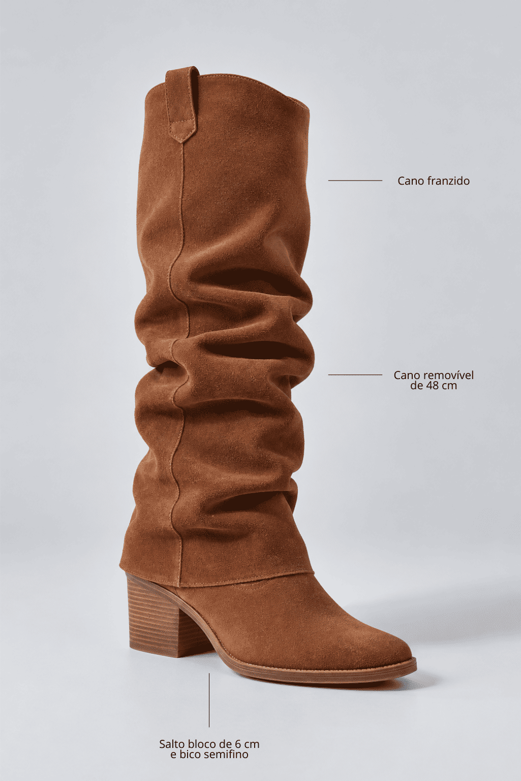bota-feminina-2-em-1-salto-baixo-couro-camel-zuri Bota feminina 2 em 1 salto baixo couro camel Zuri com cano longo slouch, vista frontal