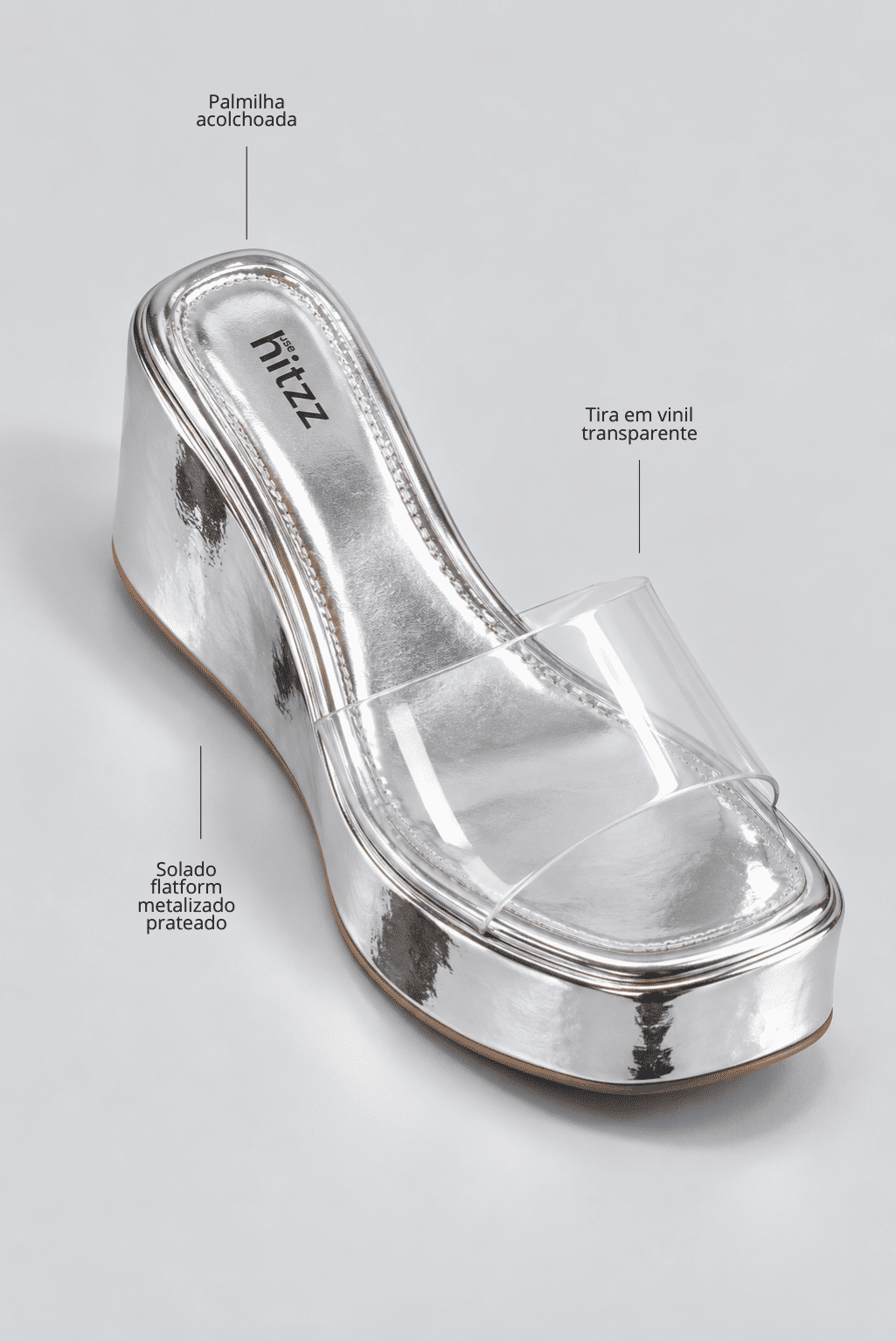 tamanco-flatform-feminino-tira-vinil-prata Infográfico do Adele - Tamanco Flatform Feminina Tira Vinil Prata destacando a palmilha acolchoada, a tira em vinil transparente e o solado flatform metalizado