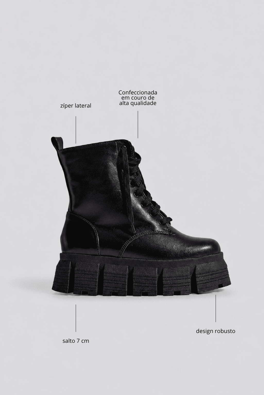 JULIETA - BOTA COTURNO FEMININO CHUNKY TRATORADA COURO PRETA