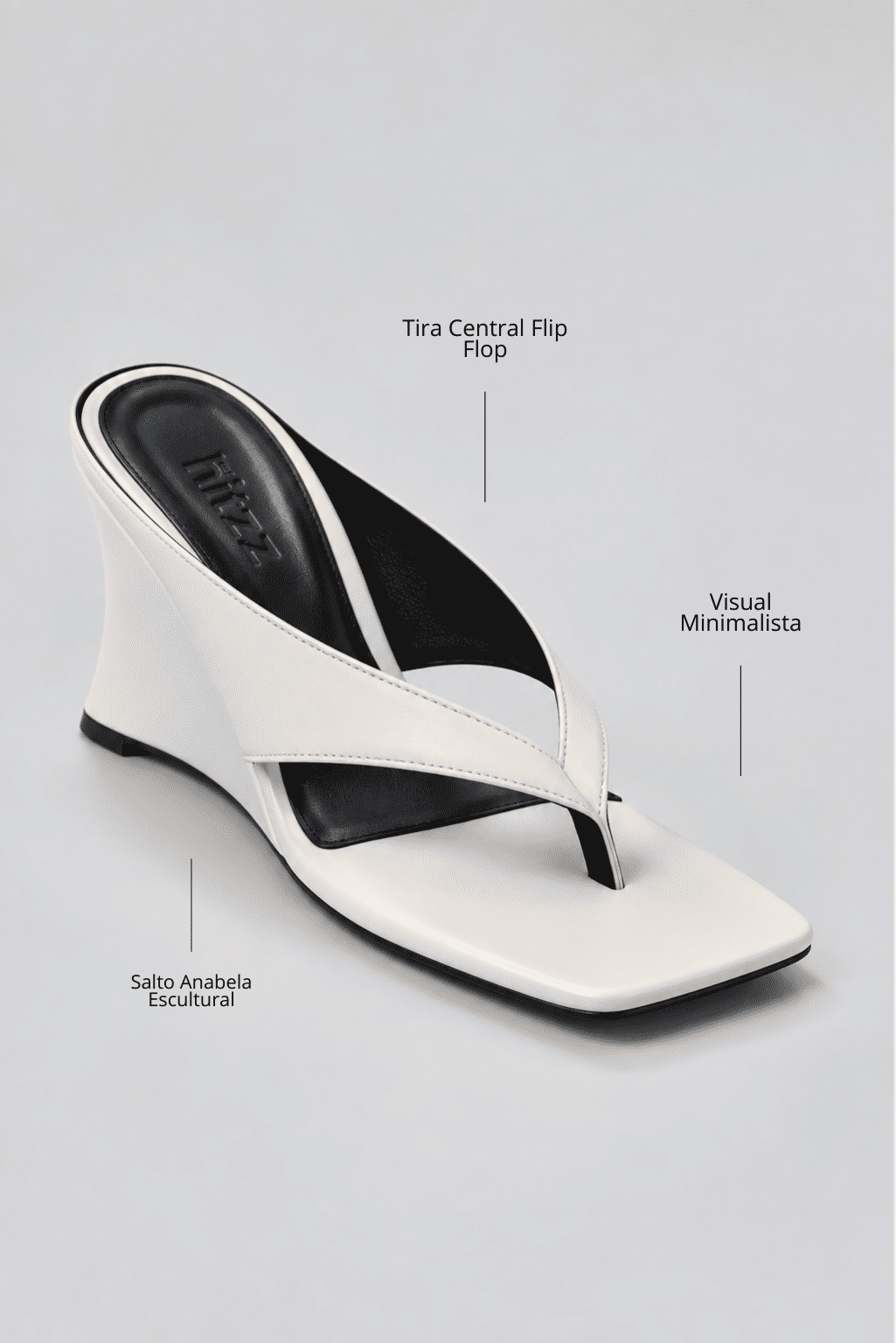 tamanco-feminino-dedo-salto-anabela-off-white-misaki Infográfico do tamanco off white destacando tira central flip flop, visual minimalista e salto anabela escultural.