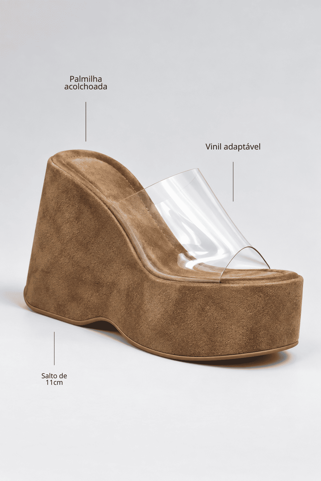 mila-tamanco-feminino-plataforma-camurça-tira-vinil-bege Tamanco feminino plataforma camurça bege Mila - infográfico com detalhes de palmilha acolchoada, vinil adaptável e salto de 11cm