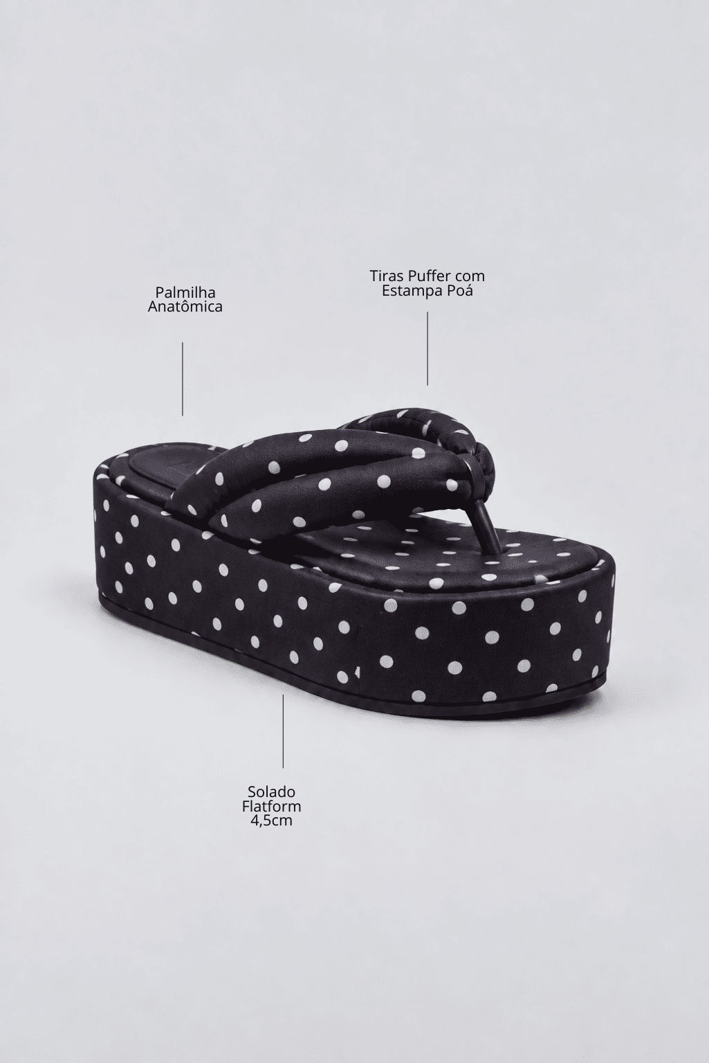 Infográfico do Chinelo Flatform Poá Tiras Puffer Preto e Branco - Sakura destacando palmilha anatômica, tiras puffer com estampa poá e solado flatform de 4,5cm