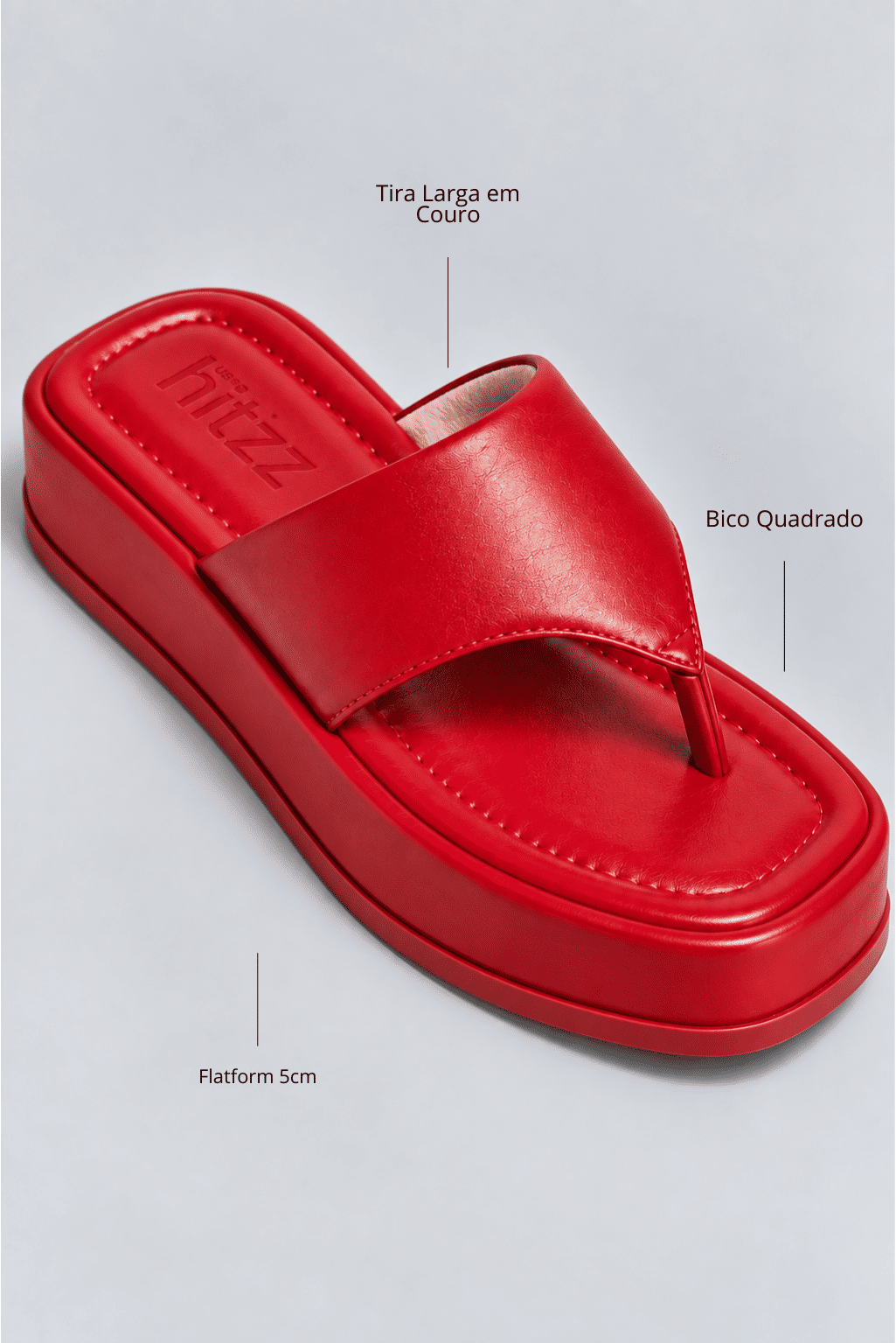 chinelo-flatform-couro-feminino-vermelho-buzios Infográfico do chinelo flatform vermelho destacando tira larga em couro, bico quadrado e flatform de 5cm.