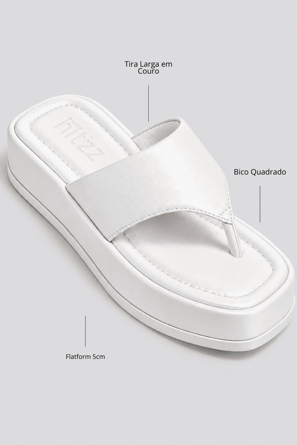 chinelo-flatform-couro-feminino-branco-buzios Infográfico do chinelo flatform branco destacando tira larga em couro, bico quadrado e flatform de 5cm.