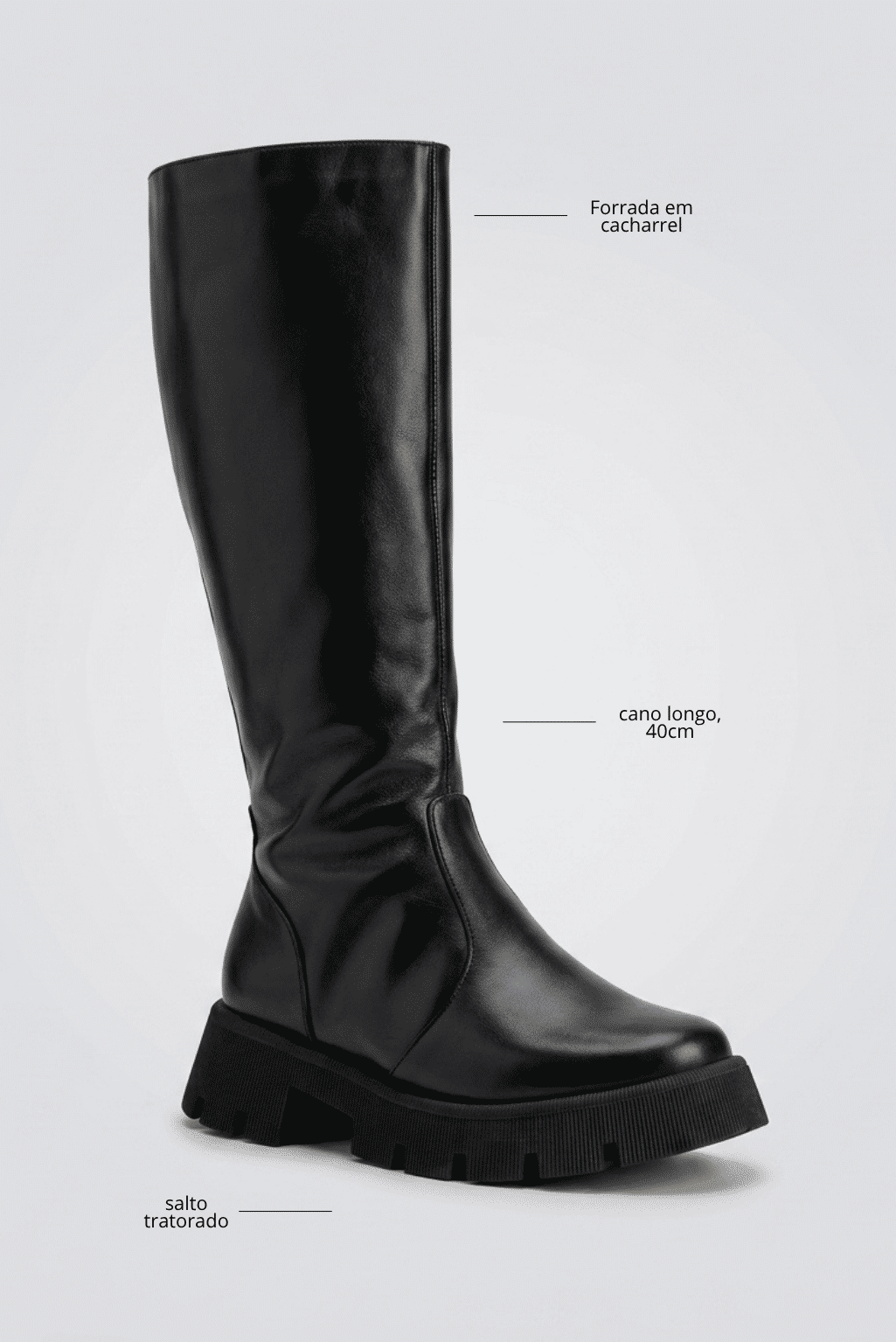 zuna-bota-feminina-cano-longo-tratorada-preta Bota feminina Zuna preta com destaque para forro em cacharrel, cano longo de 40cm e salto tratorado