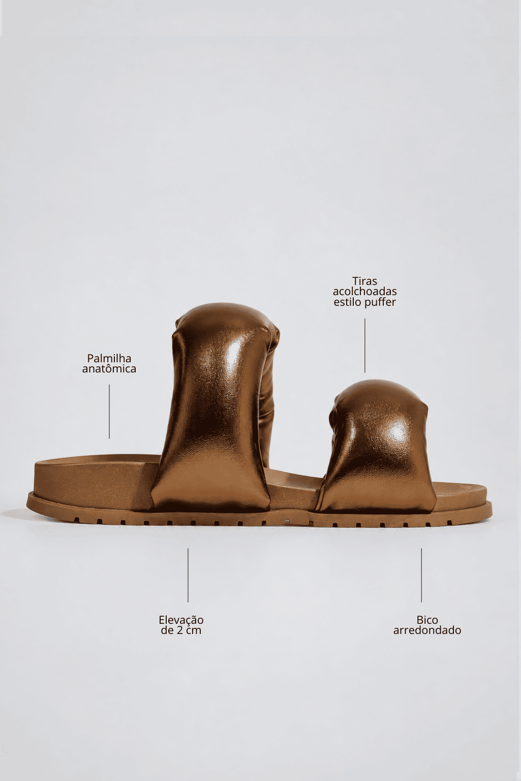 lili-papete-anatomica-feminina-bronze Infográfico da Papete Anatômica Feminina Puffer Bronze - Lili destacando tiras acolchoadas estilo puffer, palmilha anatômica, elevação de 2 cm e bico arredondado