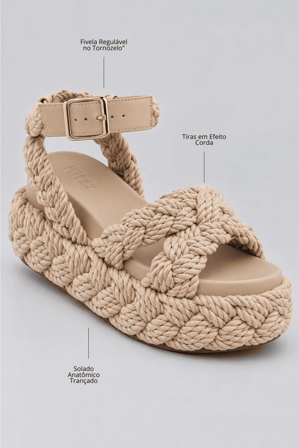 sandalia-feminina-anatomica-corda-bege-naia Infográfico da Sandália Feminina Anatômica Corda bege destacando fivela regulável no tornozelo, tiras em efeito corda e solado anatômico trançado