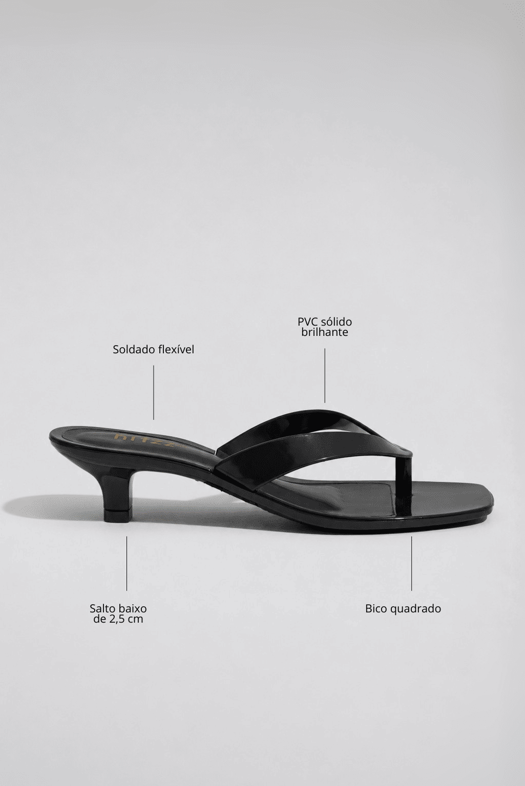 gummy-tamanco-feminino-salto-baixo-translucido-preto Tamanco Feminino Flip Flop Gummy preto em PVC, vista lateral destacando as tiras e o salto baixo