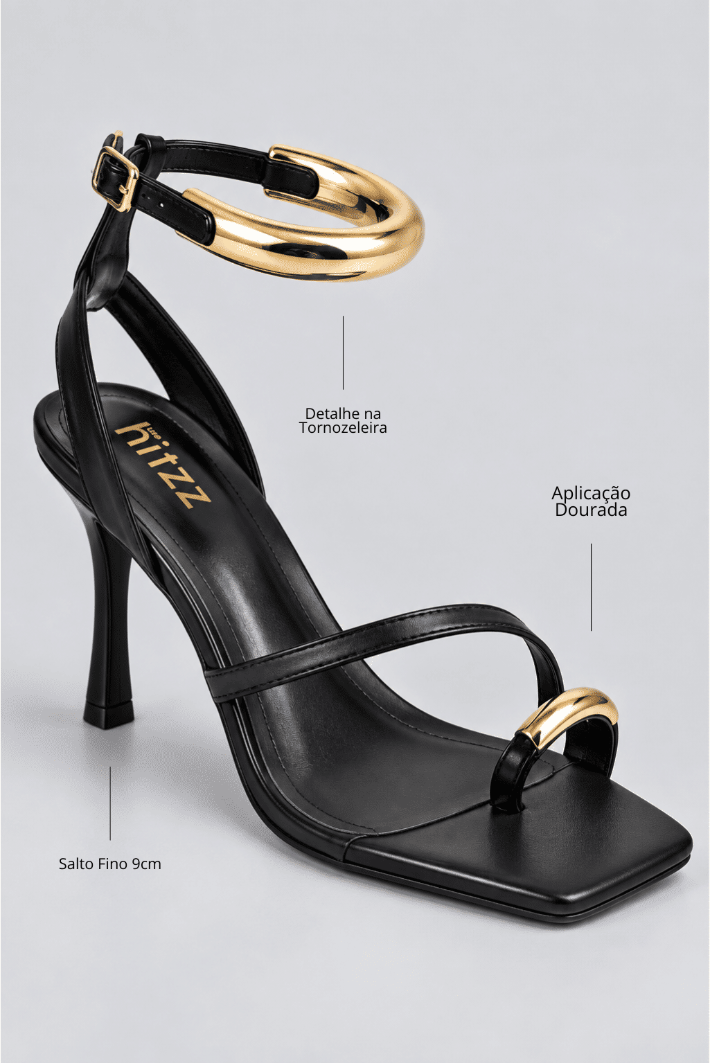 sandalia-feminina-salto-alto-bico-quadrado-preta-nati Sandália feminina salto alto bico quadrado preta Nati - infográfico com detalhes da tornozeleira, aplicação dourada e salto fino de 9cm