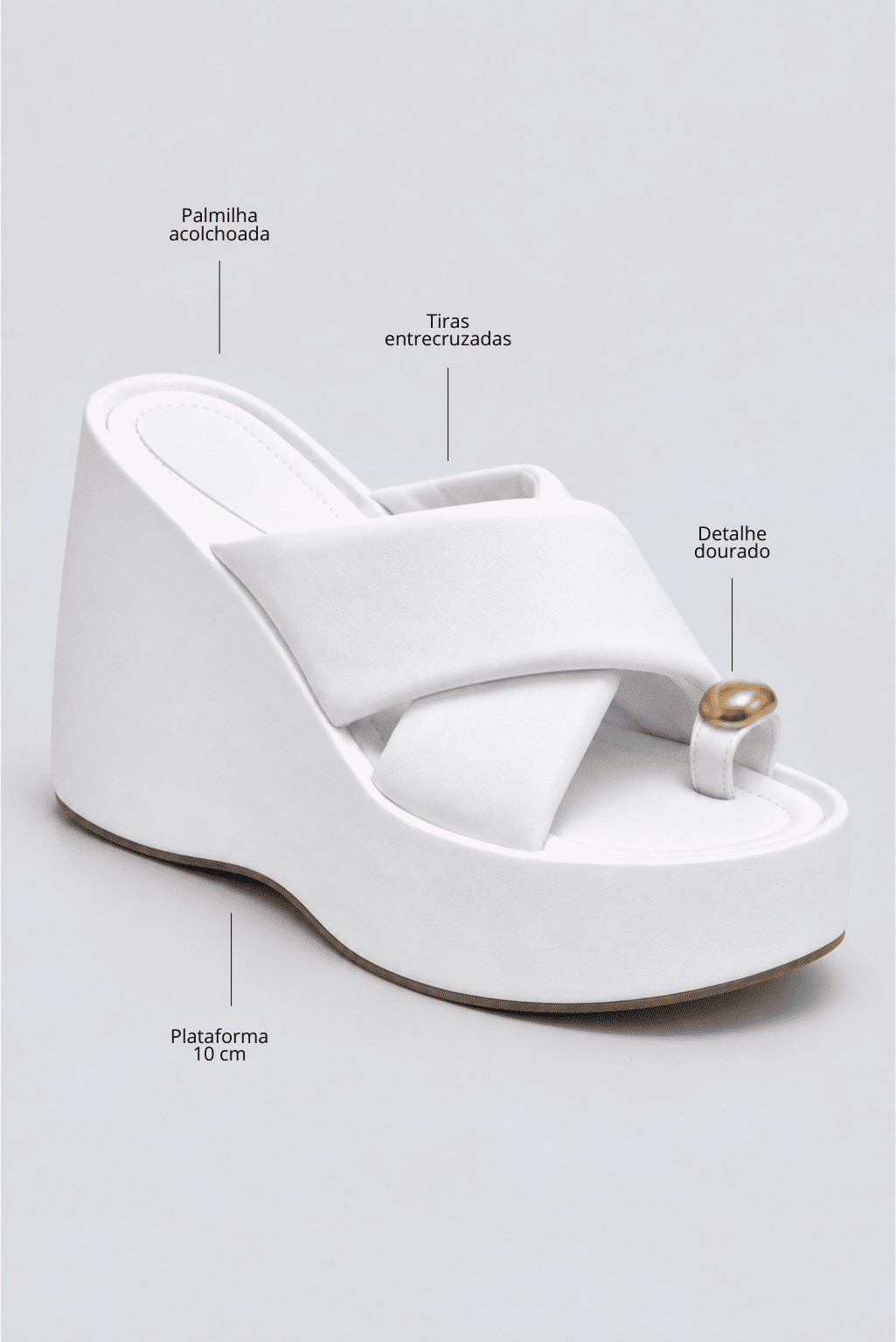 Infográfico do Tamanco Feminino Plataforma Branco Julia destacando a plataforma de 10 cm, as tiras entrecruzadas, o detalhe dourado e a palmilha acolchoada