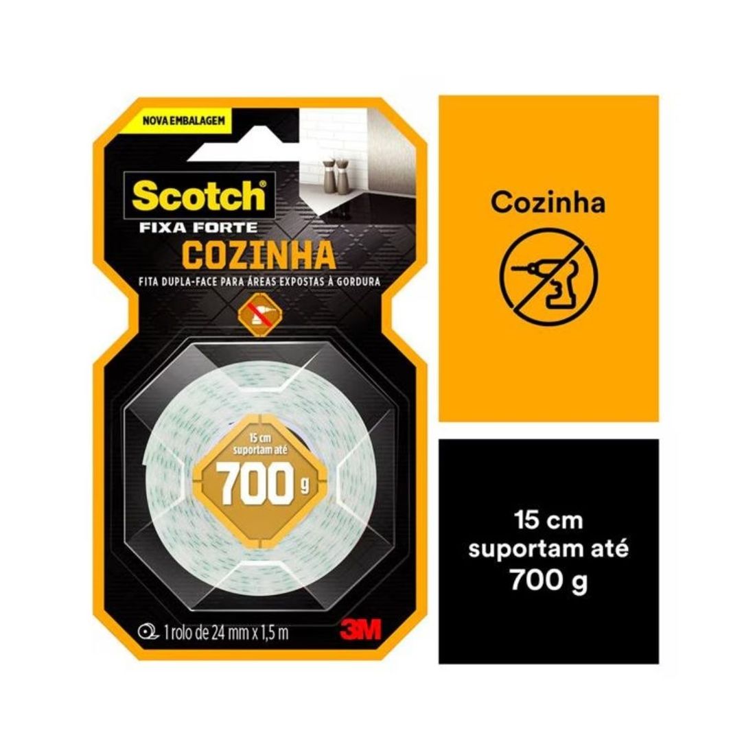 Fita Dupla Face 3M Scotch Fixa Forte Cozinha 24mm x 1,5m Fita Dupla Face 3M Scotch Fixa Forte Cozinha 24mm x 1,5m