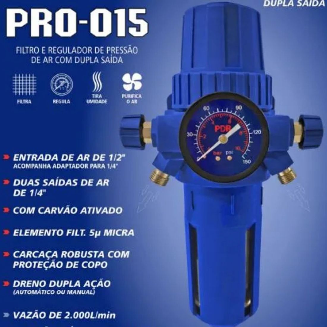 Filtro Regulador Dupla Saída De Ar 1/4 E 1/2" PDR PRO