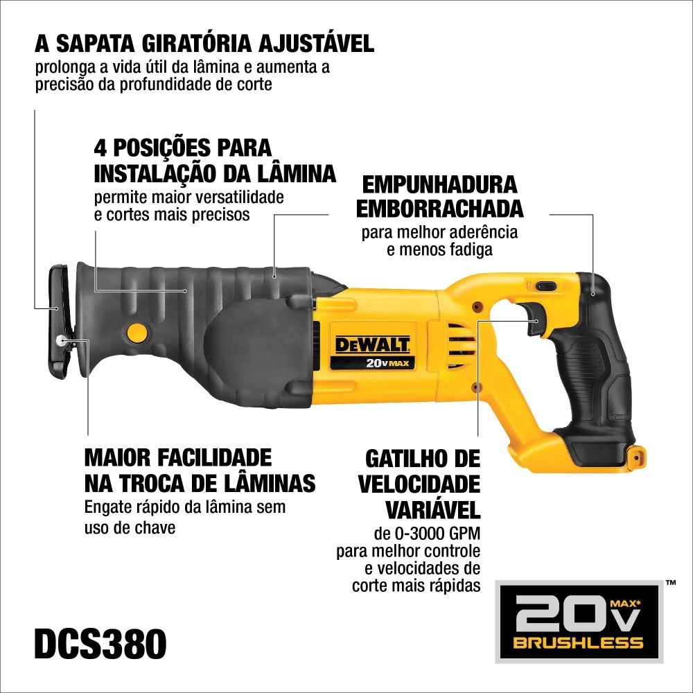 Serra Sabre DeWalt DCS380KIT-BR 20V Com Maleta Serra Sabre DeWalt DCS380KIT-BR 20V Com Maleta
