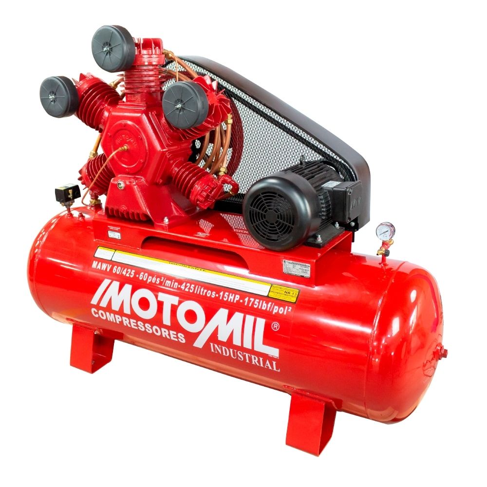 Compressor 60 Pés 425L 175 PSI 15 CV Trifásico Motomil