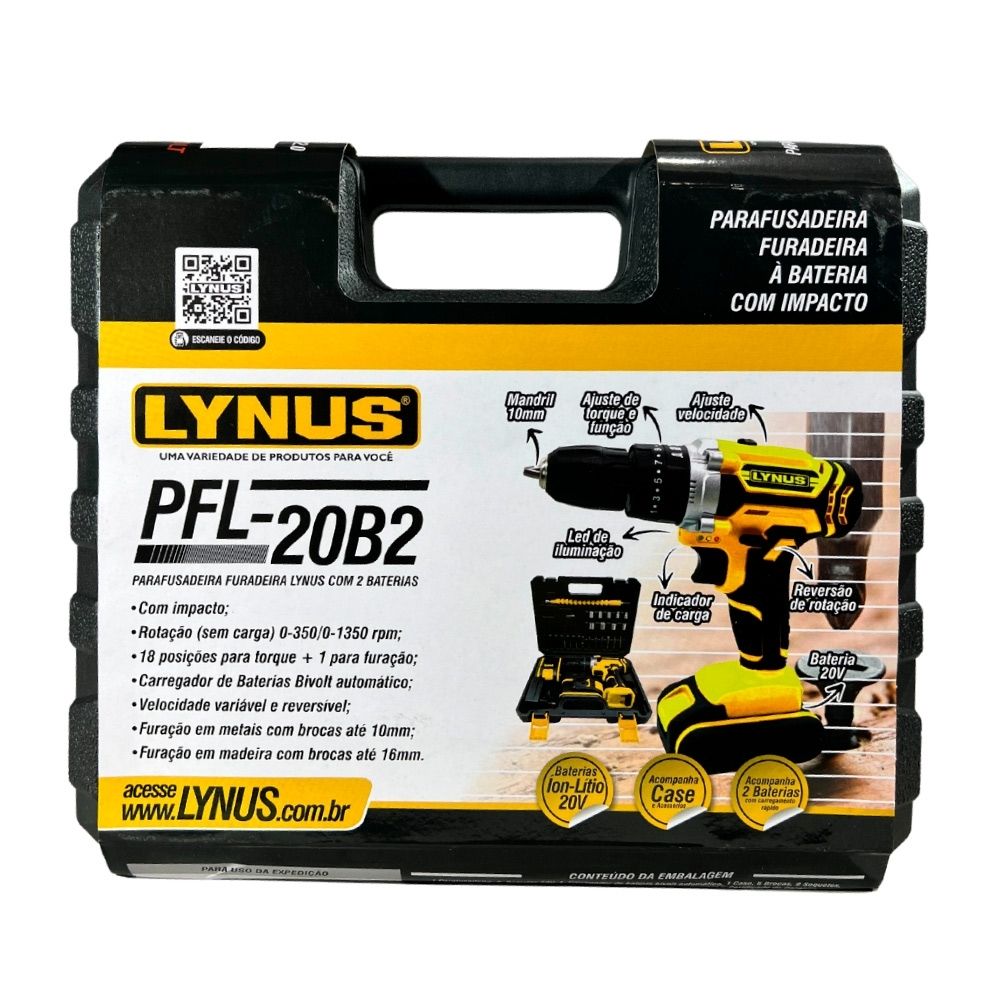 Kit Parafusadeira Bateria Carregador Maleta Acessórios 20V PFLI-20B2 Lynus Kit Parafusadeira Bateria Carregador Maleta Acessórios 20V PFLI-20B2 Lynus