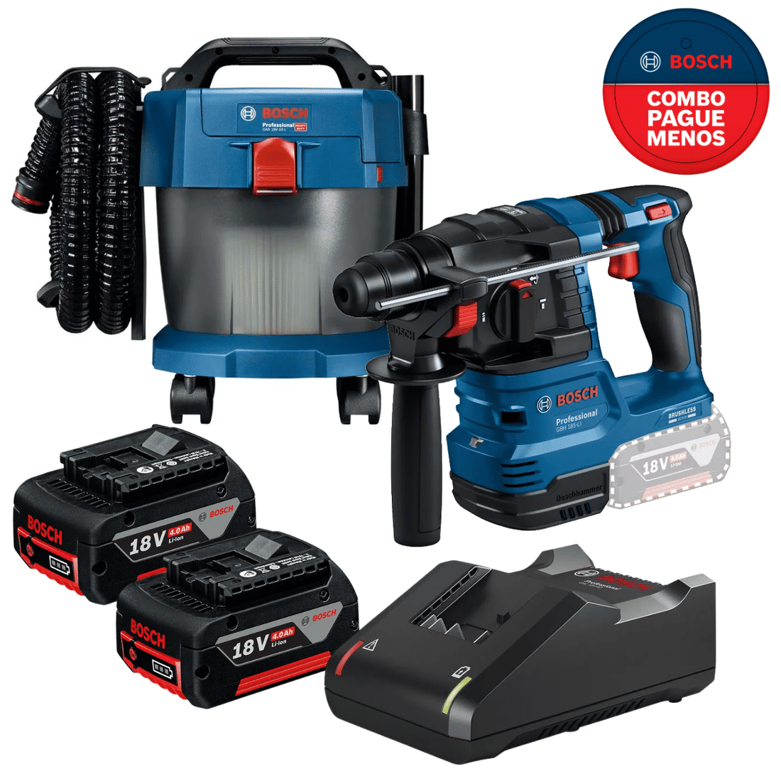 Combo Aspirador de Pó e Martelete Bosch com 2 baterias 18v 4ah + Carregador