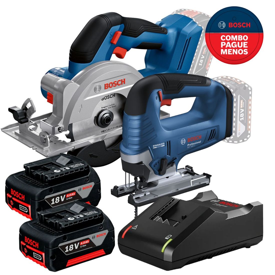 Combo Serra Tico-Tico + Serra Circular Bosch com 2 Baterias 18v 4ah e Carregador