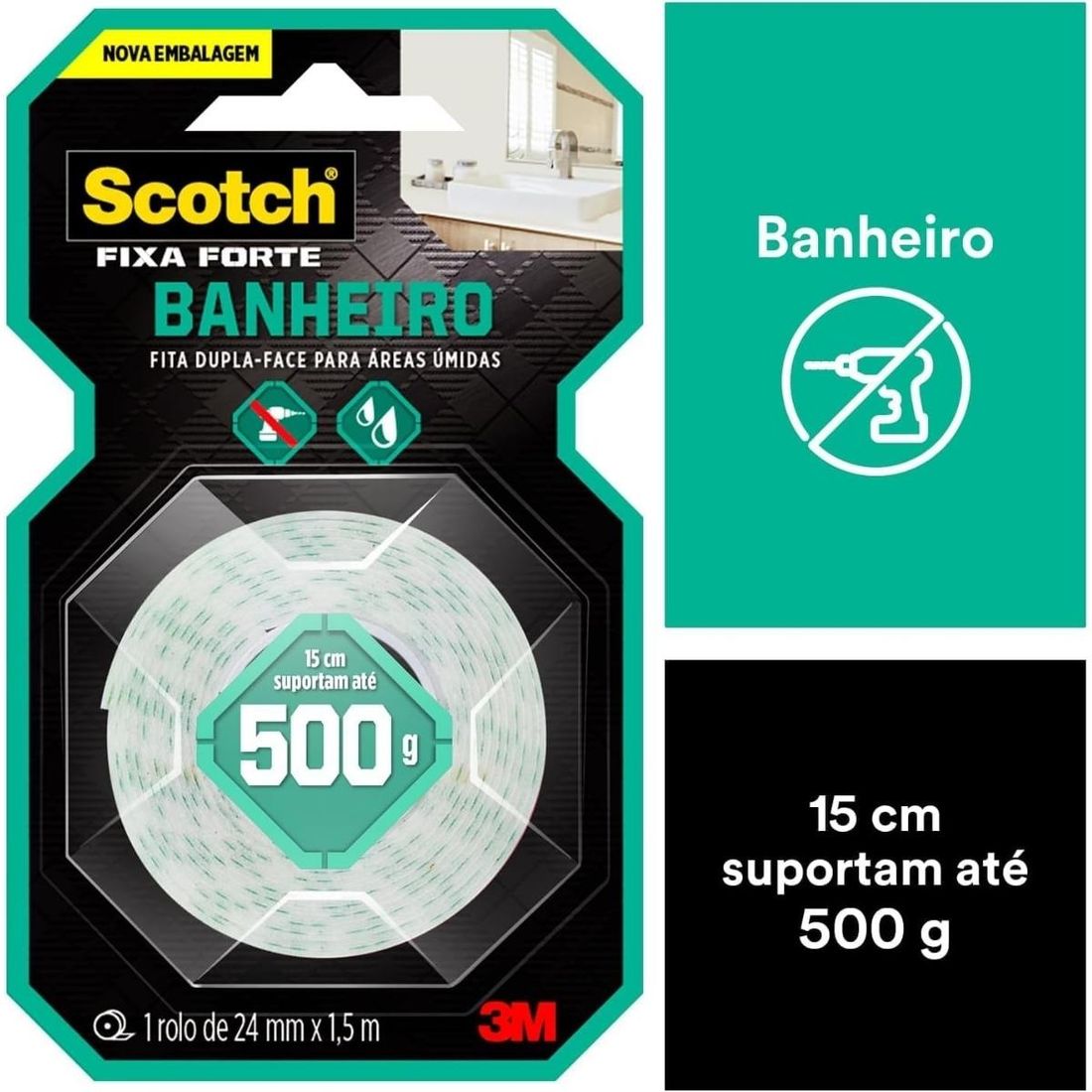 Fita Dupla Face 3M Fixa Forte Banheiro 24mm x 1,5m