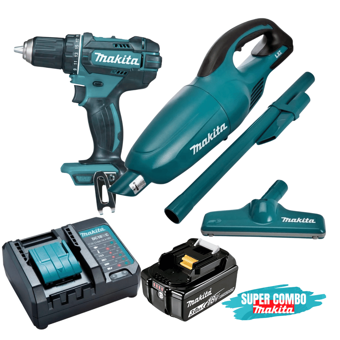 Kit Makita 18V Parafusadeira Furadeira Impacto DDF482Z + Aspirador de Pó Portátil + 1 Bateria 3Ah 18V e Carregador 127V/220V
