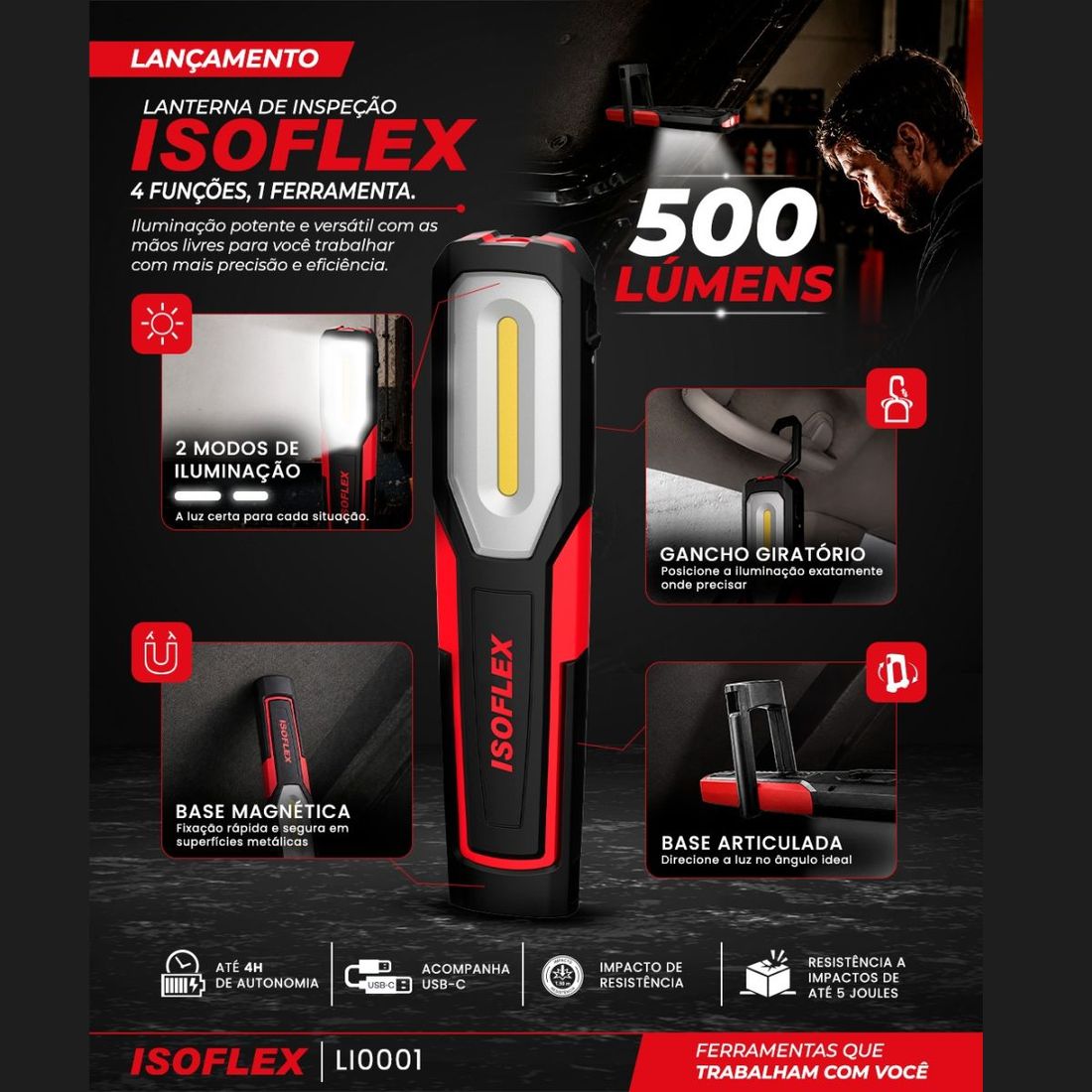 Lanterna magnética de Inspeção 500 Lumens 4 Funções Isoflex