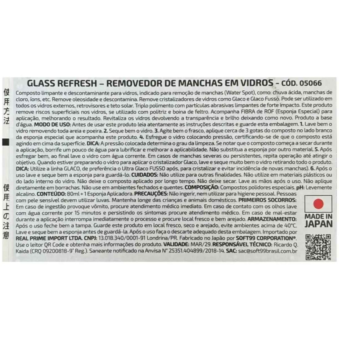 Removedor Chuva Ácida Glass Refresh Soft99 80ml C/Aplicador Removedor Chuva Ácida Glass Refresh Soft99 80ml C/Aplicador
