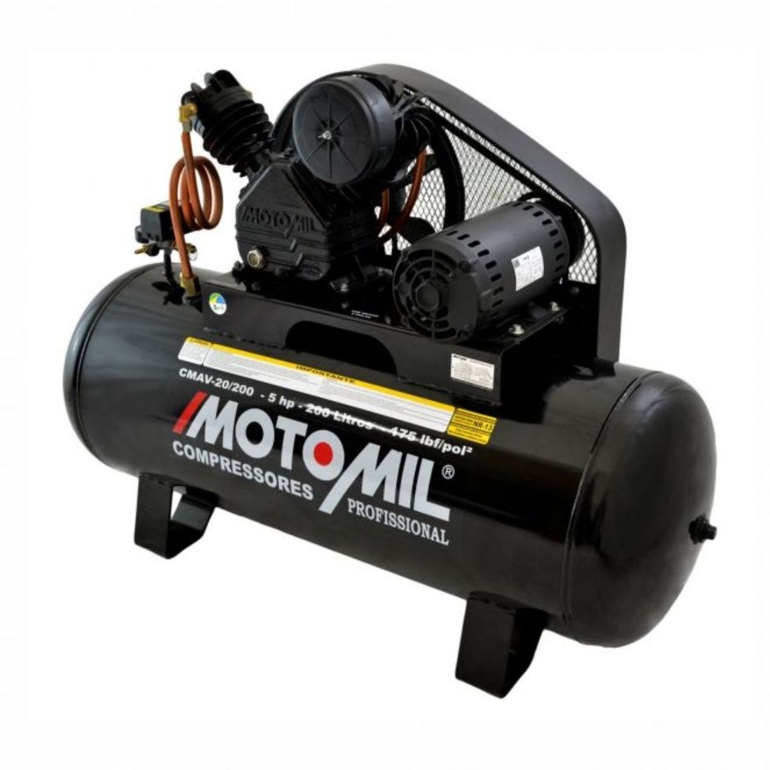 Compressor 20 Pés 200L 175 PSI 5 CV Trifásico Motomil
