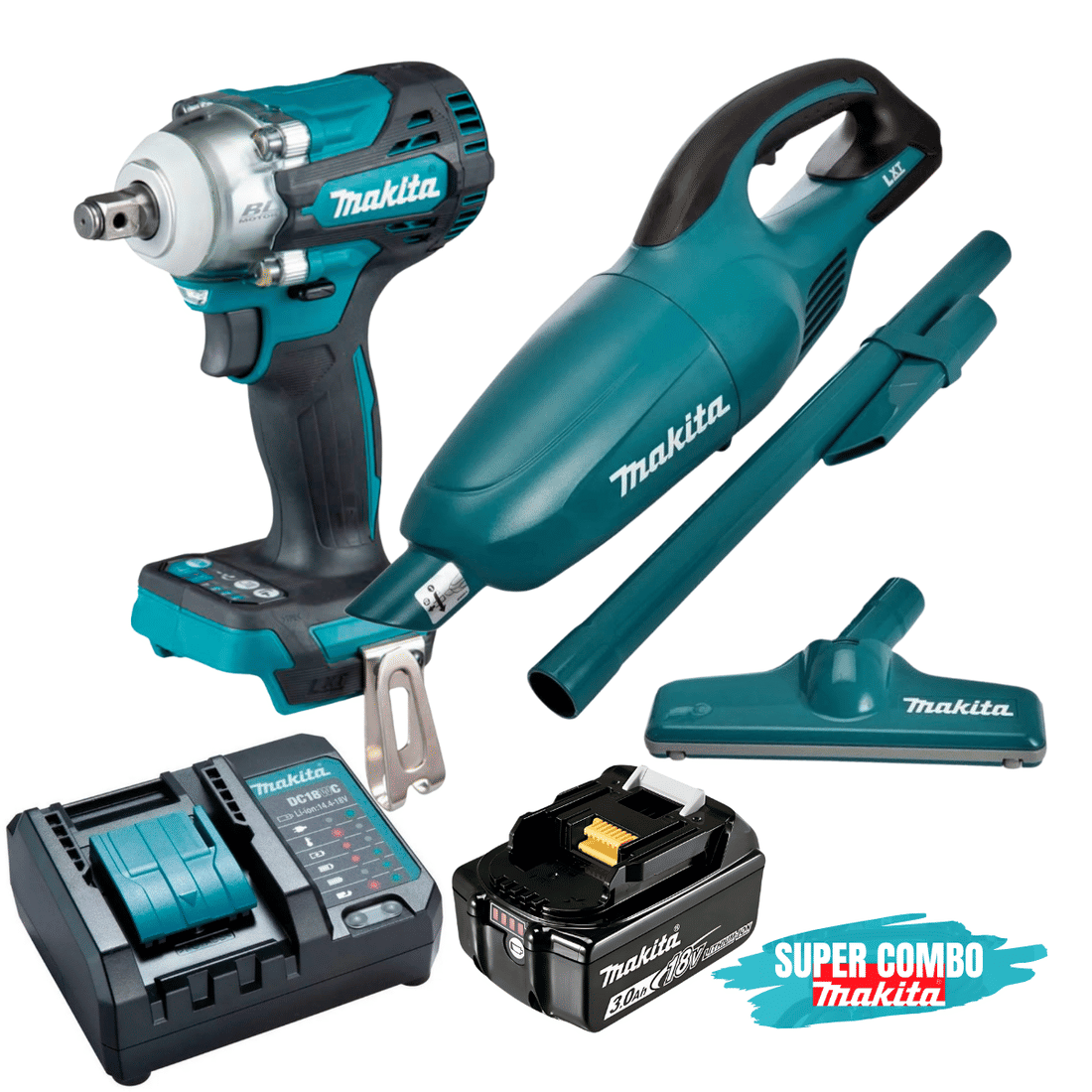 Combo Makita 18V Chave de Impacto 33kg + Aspirador de Pó Portátil + 1 Bateria 3Ah e Carregador 127V/220V