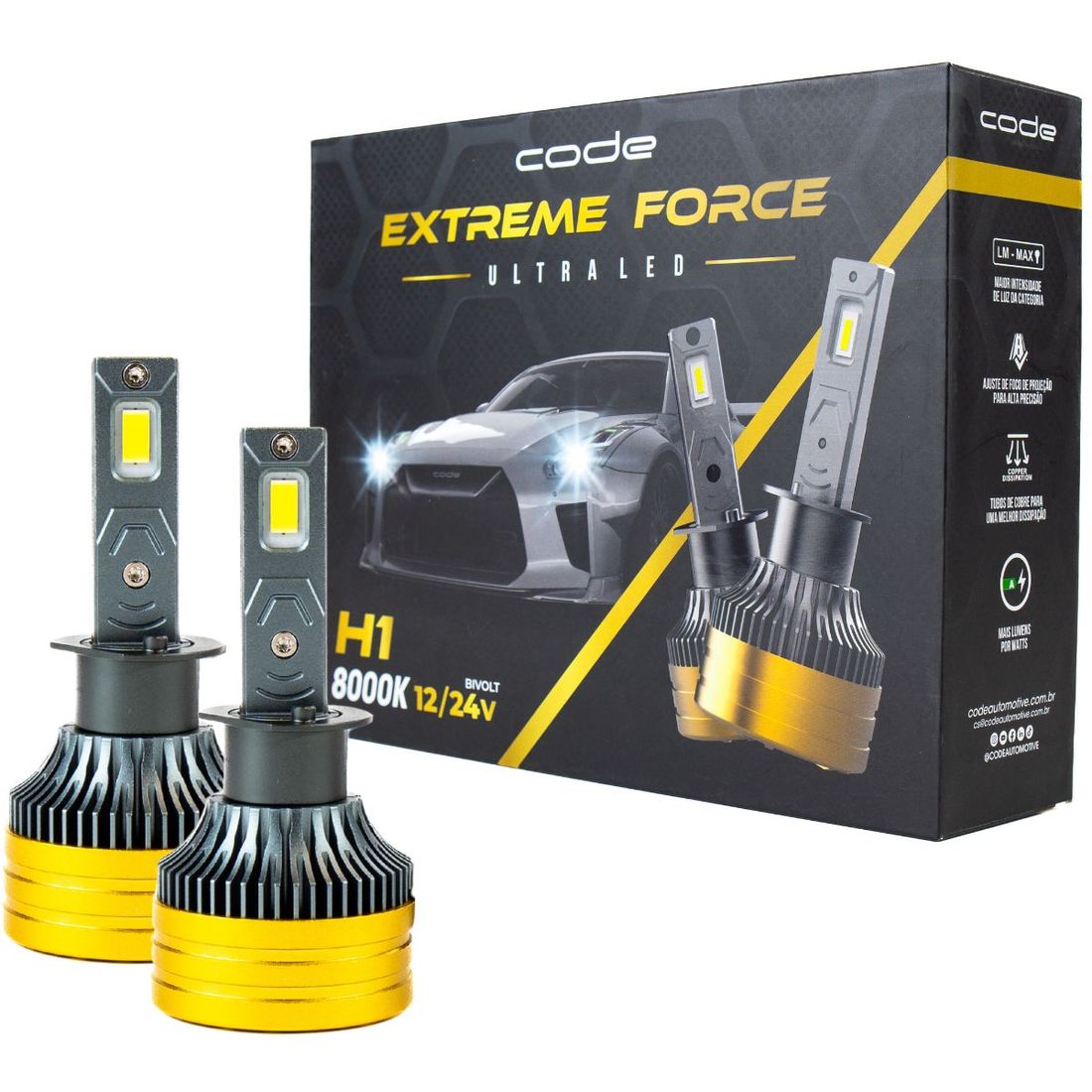 Kit 2 Lâmpadas Ultra Led Code Extreme Force H1 12V 24V 8000K